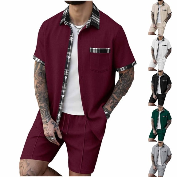 CHUMUD Mens 2 Piece Outfit Set Tracksuits Button Down Shirts jJackets and Shorts Summer Beach Vacation Lounge Workout Short Sleeve Plaid Sets Everyday