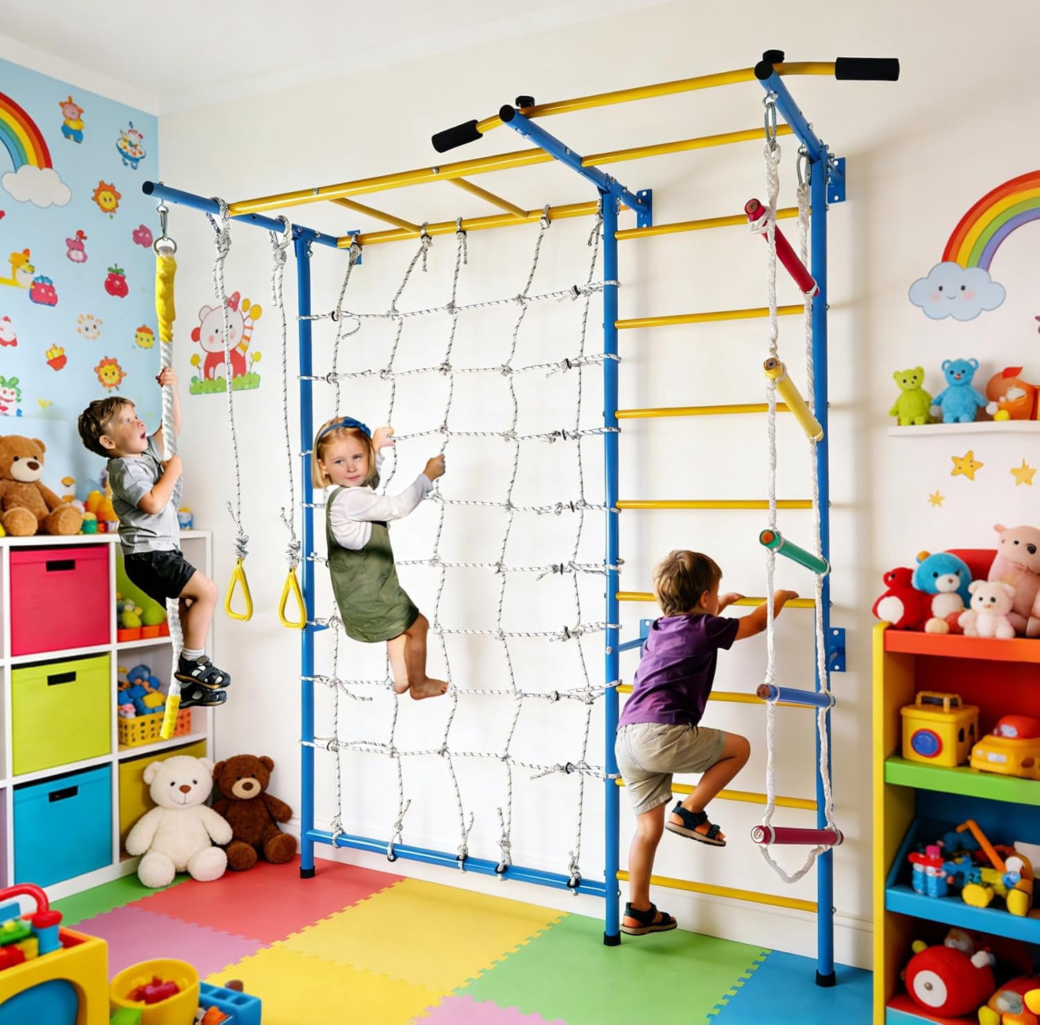 Heavy-Duty 7-in-1 Kids Climbing Gym – Steel Wall-Mounted Monkey Bars with 220 lbs Capacity, Includes Rope Ladder, Rings & Pull-up Bar for Home Play