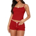 thumbnail image 3 of KIHOUT Women's Lace Trim Ribbed Knit Cami Top and Bow Detail Shorts 2 Piece Loungewear Pajama Set for Summer Sleep and Casual Lounging, 3 of 6