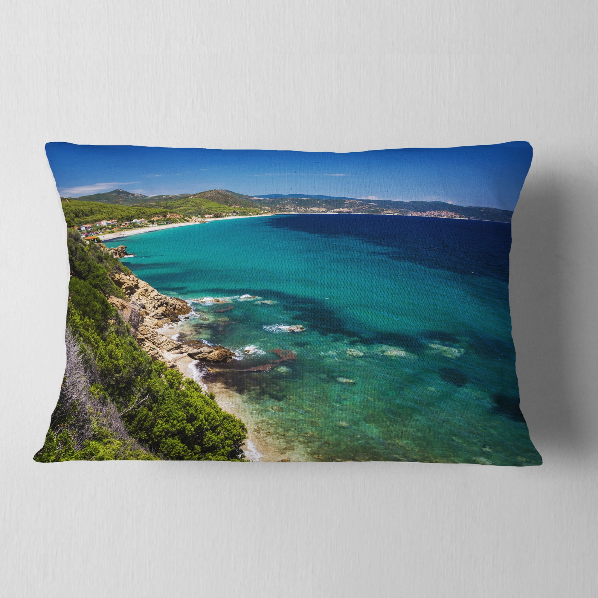 Designart Beautiful Greek Beach of Sea - Seashore Throw Pillow - 12x20