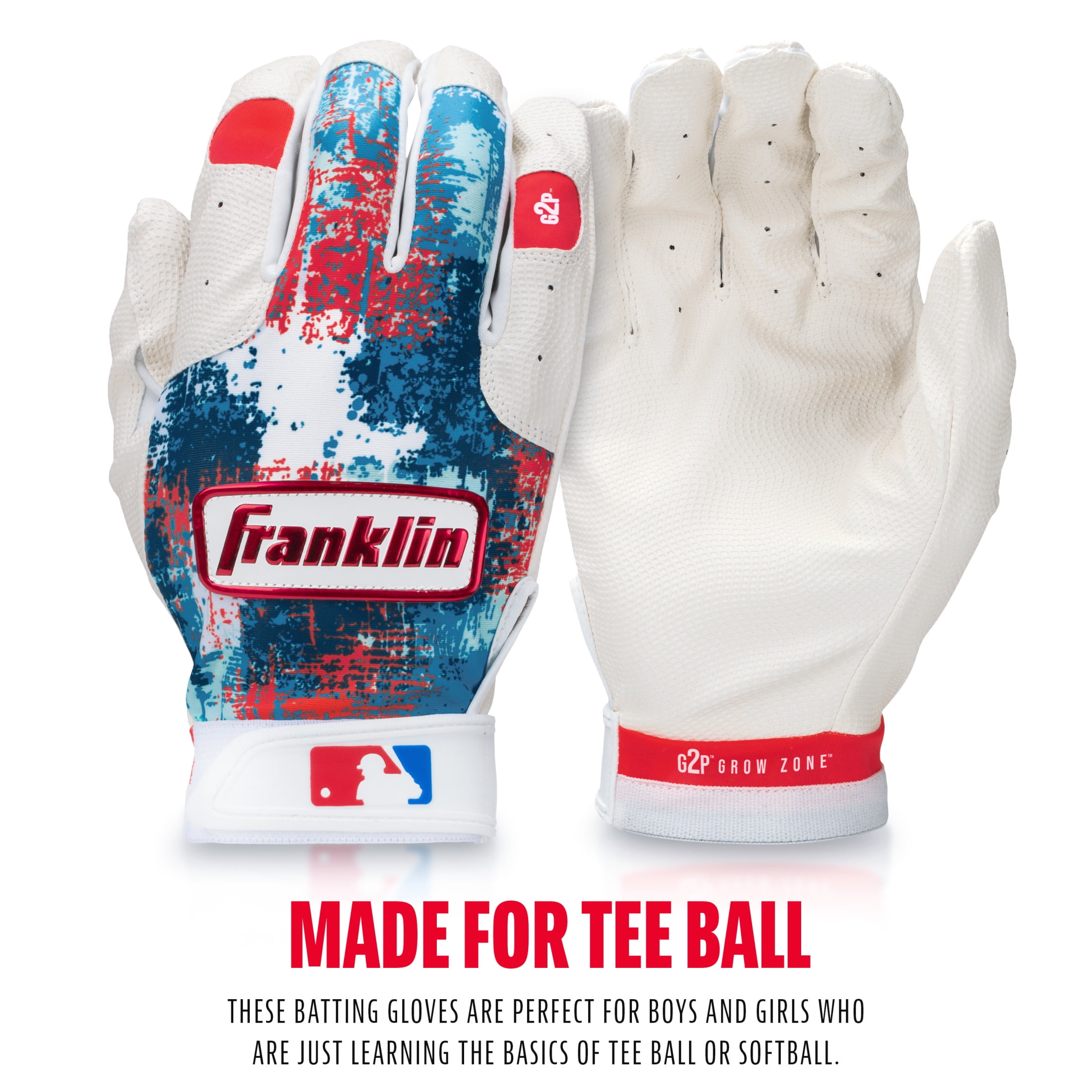Franklin Sports MLB Youth Teeball Batting Gloves - Grow to Pro Kids Baseball + Softball Batting Gloves - Boys + Girls Pairs for Teeball, Baseball + Softball - Red/White/Blue - Youth Small