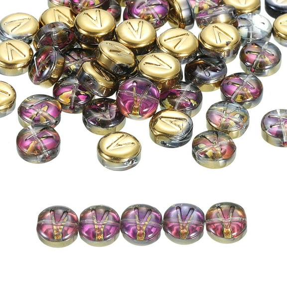 Uxcell 60 Pack Glass Letter Beads, 10mm Flat Round Alphabet Letter Beads V Initial Letter Spacer Beads for DIY Bracelet Necklace Earring Jewelry Craft Making, Multicolor
