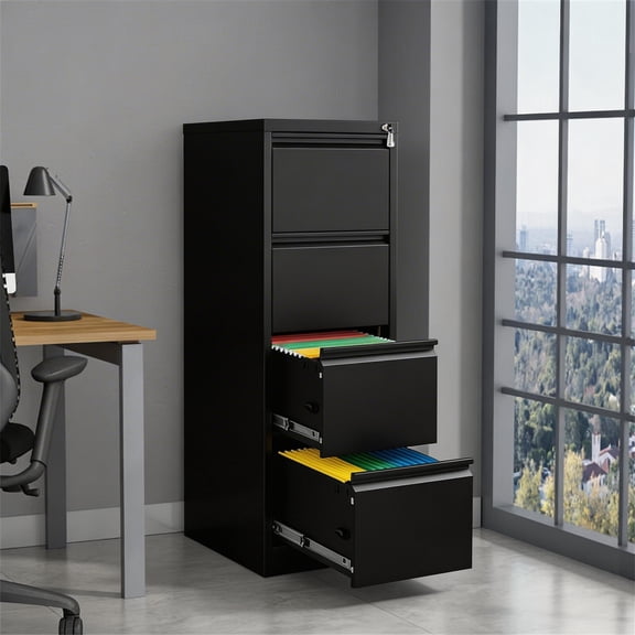 4 Drawer Metal Filing Cabinet with Lock, Heavy Duty Vertical File Cabinet for Home Office, Stores Letter, Legal, A4 & F4 Size Documents Black