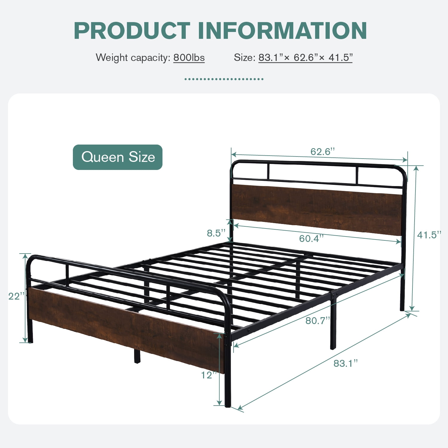 Allewie Queen Metal Platform Bed Frame with Wooden Headboard and Slats, Sanders