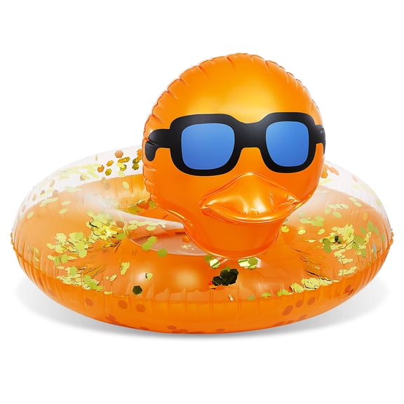 POZA Inflatable Orange Gold Duck Pool Float Tube - Luxurious Swim Ring for Pool, Beach, Lake, Sparkle Confetti-Filled Beach Float Lounger for Kids and Adults - 36x23 inches