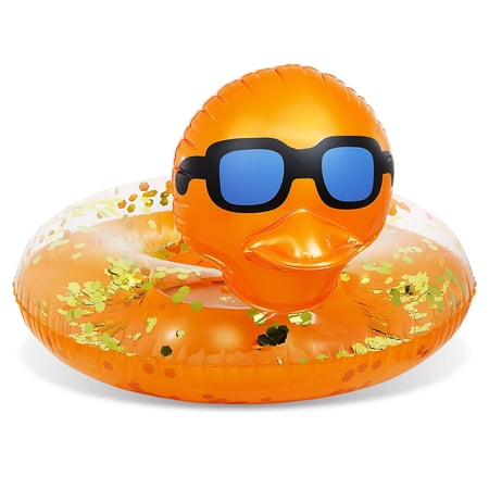 POZA Inflatable Orange Gold Duck Pool Float Tube - Luxurious Swim Ring for Pool, Beach, Lake, Sparkle Confetti-Filled Beach Float Lounger for Kids and Adults - 36x23 inches