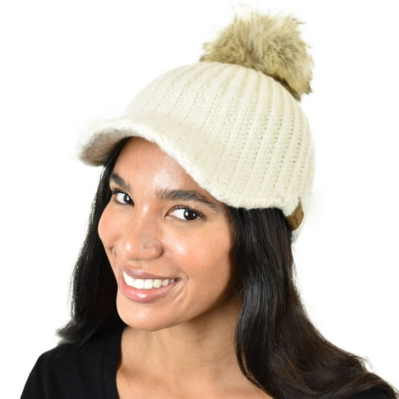 C.C Winter Warm Knit Jockey Style Faux Fur Pom Visor Beanie Cap, Beige