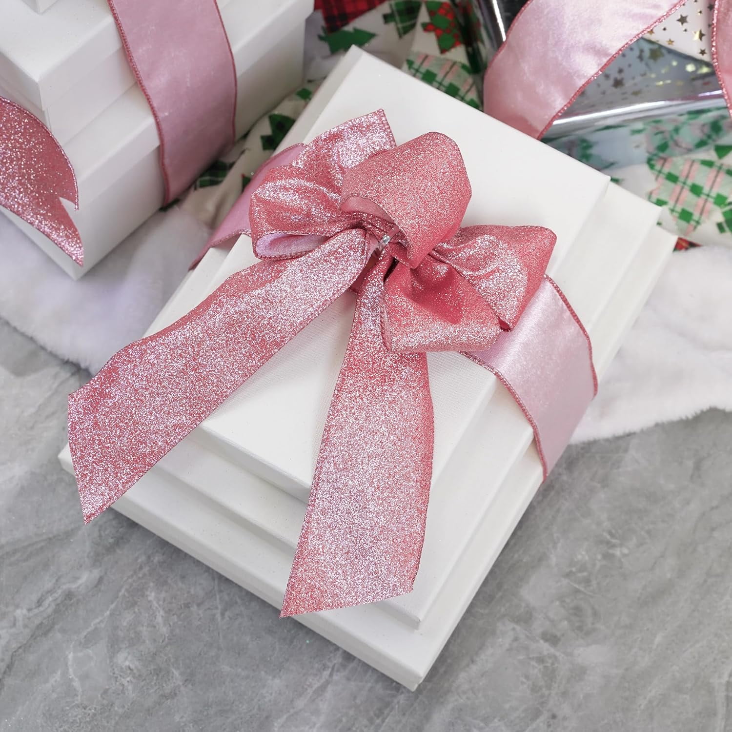 Pink Velvet Wired Ribbon Light Pink with Glitter Christmas Ribbon for Christmas Tree Decorations Wreaths Gift Wrapping Bows Garlands Home Decor Crafts- 10 Yards