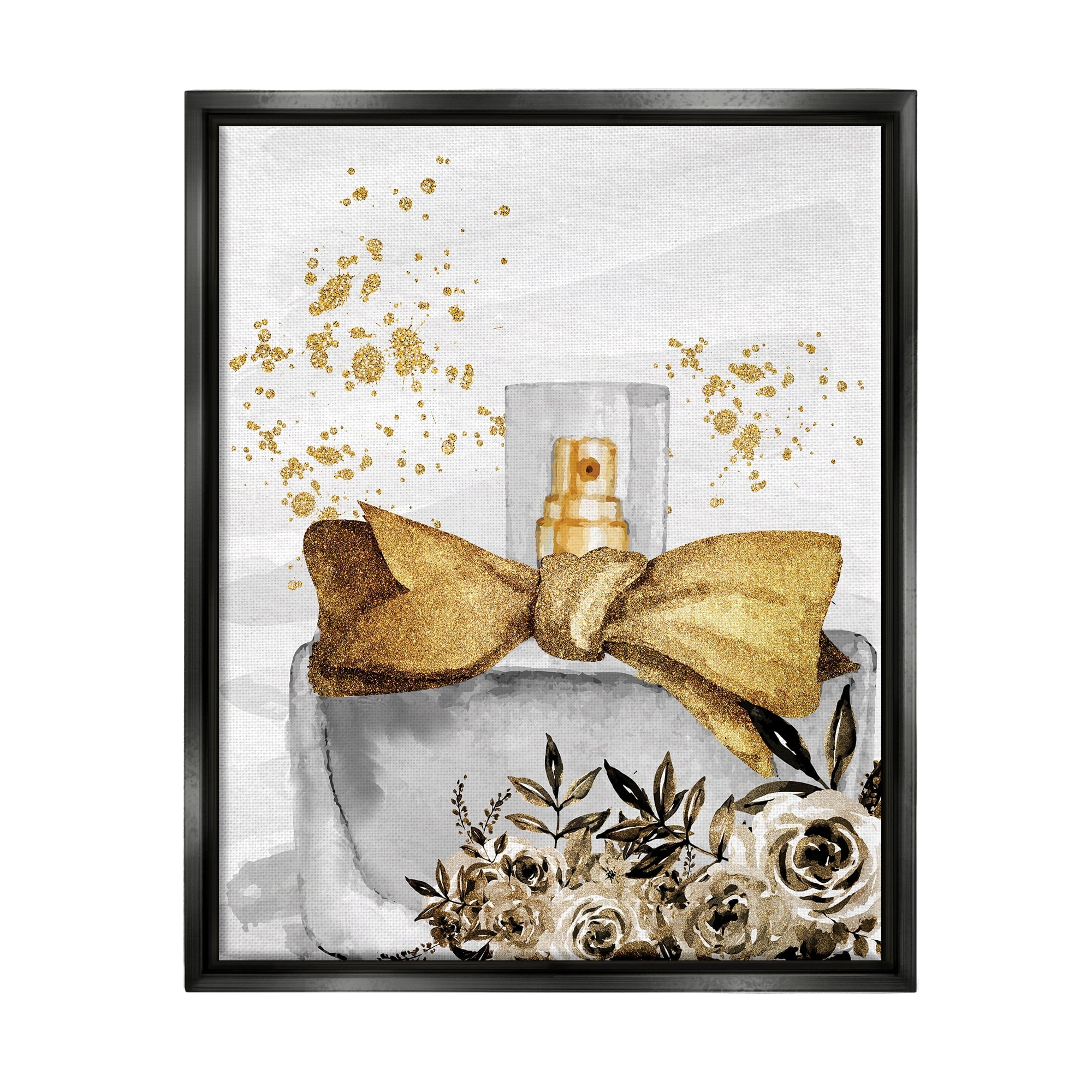 Stupell Industries Glitzy Floral Perfume Bottle Speckled Glam Design Graphic Art Luster Gray Floating Framed Canvas Print Wall Art, Design by Kim Allen
