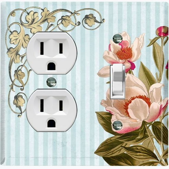 Metal Light Switch Plate Outlet Cover Elegant Blue Floral Striped Damask FLW071