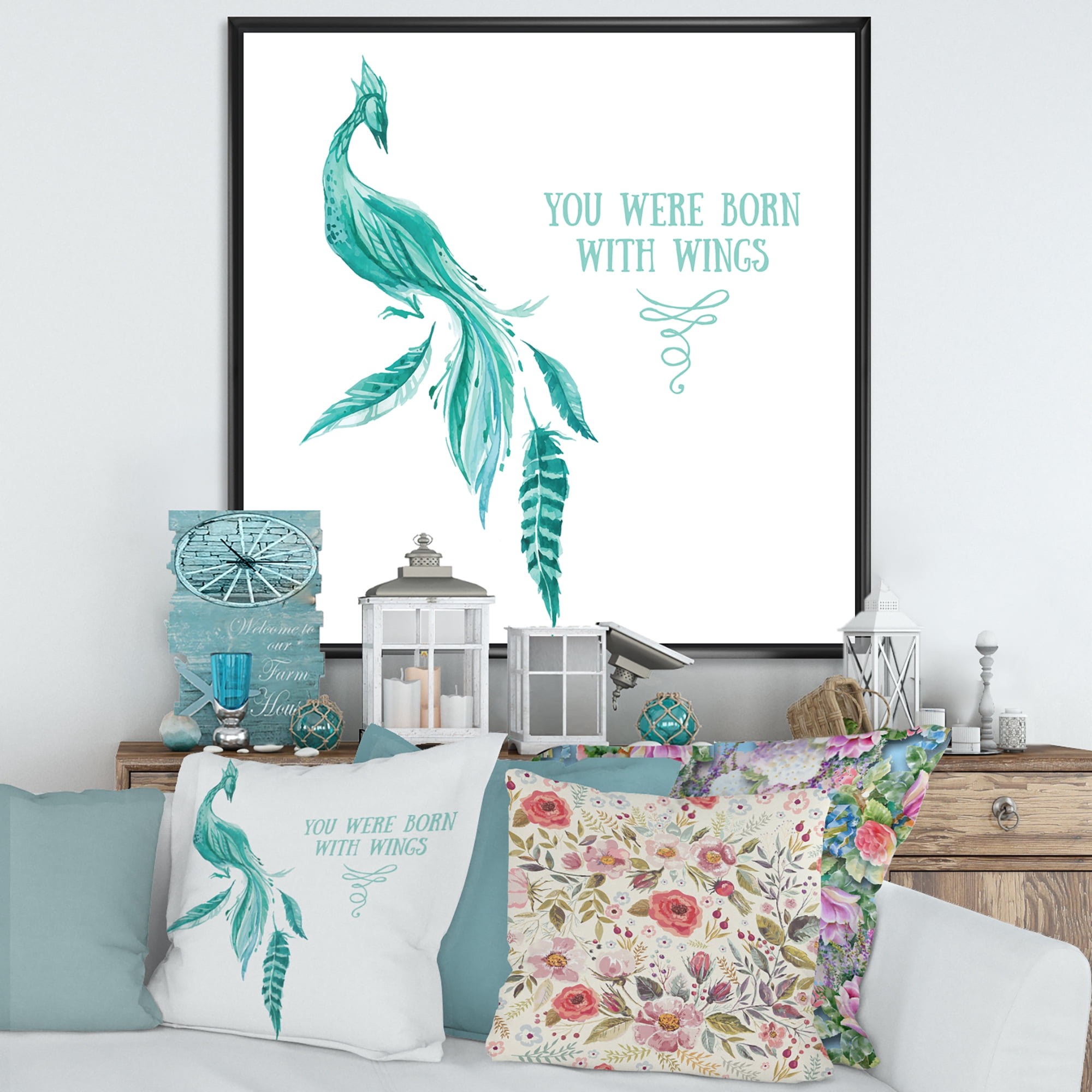 Designart 'Turquoise Bird You Were Born With Wings' Traditional Framed Canvas Wall Art Print