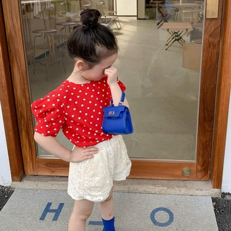 

Bullpiano Summer Kids Girls Polka Dot Shirt Puff Short Sleeve Blouse Cut Out Fashionable Casual Top Backless Shirt Children Outfits 2-7T