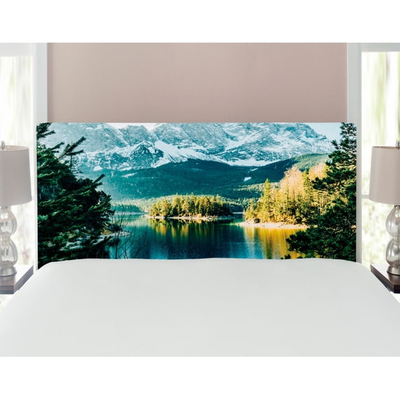 Landscape Headboard, Mountain Lake in Northern Germany Frozen Peaks Water Winter Season Life, Upholstered Decorative Metal Bed Headboard with Memory Foam, Full Size, Green White, by Ambesonne