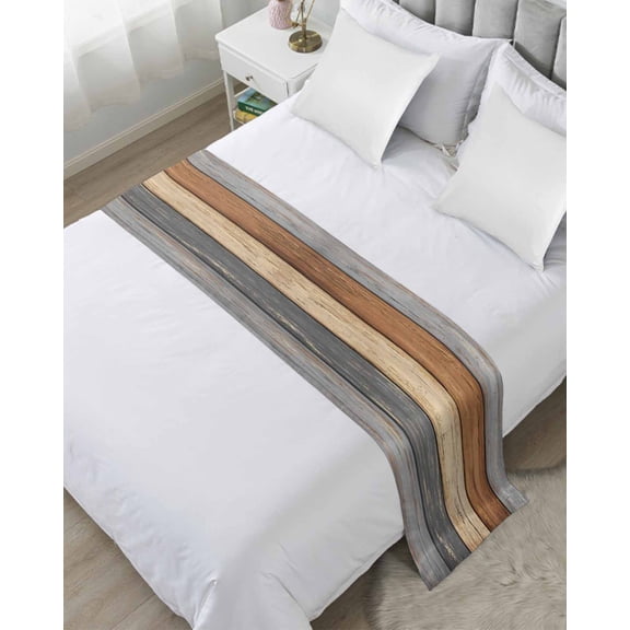 Bed Runner Scarf Queen Size, Farmhouse Haze Blue Brown Stain Bed Runners & Scarves for Foot of Beds, Vintage Wooden Striped Decorative Bedding Runner Scarf for Hotel Home Bedroom 83 x20 Inch