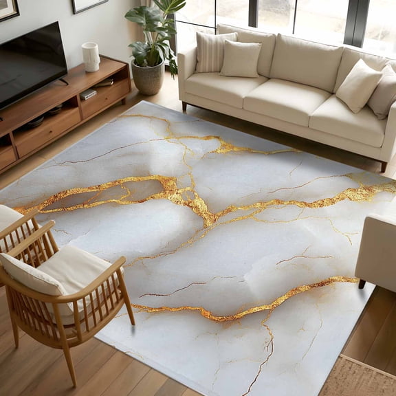 8x10 Area Rugs Marble Grey Non-Skid Rubber Backing Large Rectangle Rugs - Living Room Bedroom Home Office, Gold Texture Modern Crack Scenery Indoor Floor Mat Carpets Washable Rug