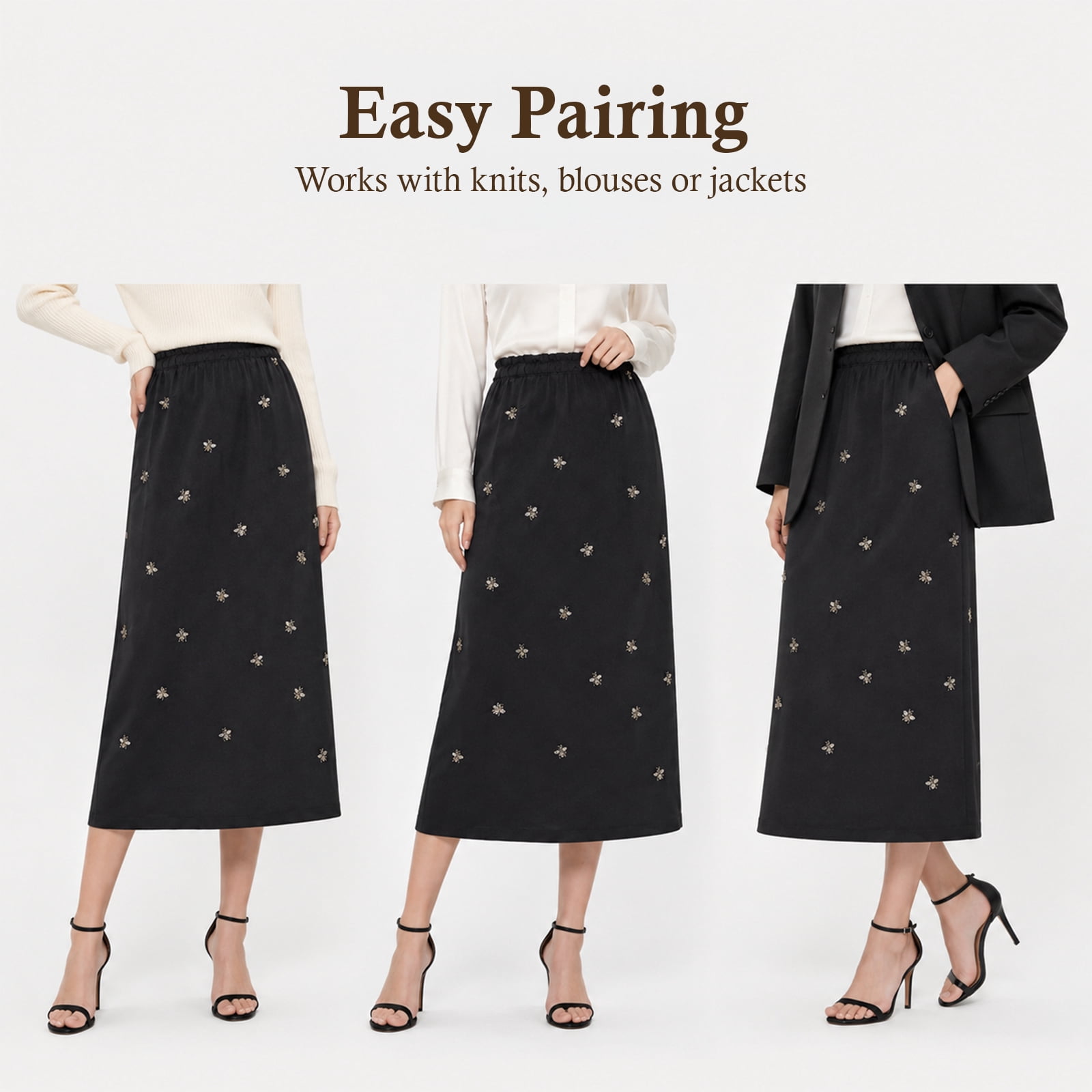 Alvantor Women's Embellished Midi Skirt, Pull-On Style with Gathered Waist and Stretch Lining, Black