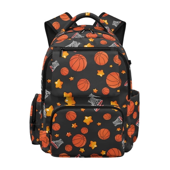 FUIALDOLG Multi-Pocket Casual Daypack for Back to School Outdoor, 600D Polyester Large Capacity School Bag, Basketball Star Hoop Pattern