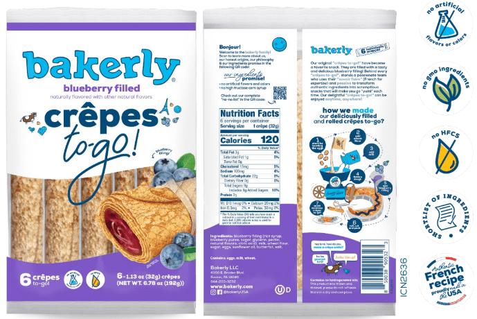 Bakerly Blueberry Filled Crepes To Go Snack, 24 Count (4 Packs)