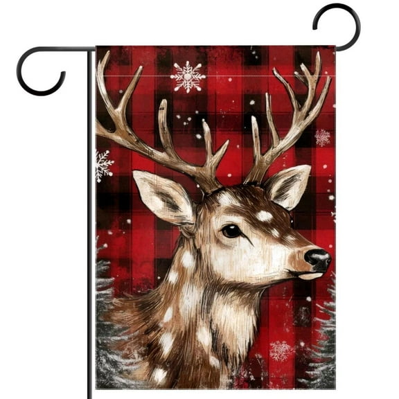 Christmas Deer Red Plaid Xmas Tree Snow Snowflake Double Sided Garden Flag Decorative Weather Resistant Yard Flag, Large DIY Vertical Flag for Farmhouse Patio Lawn, 28x40 Inch