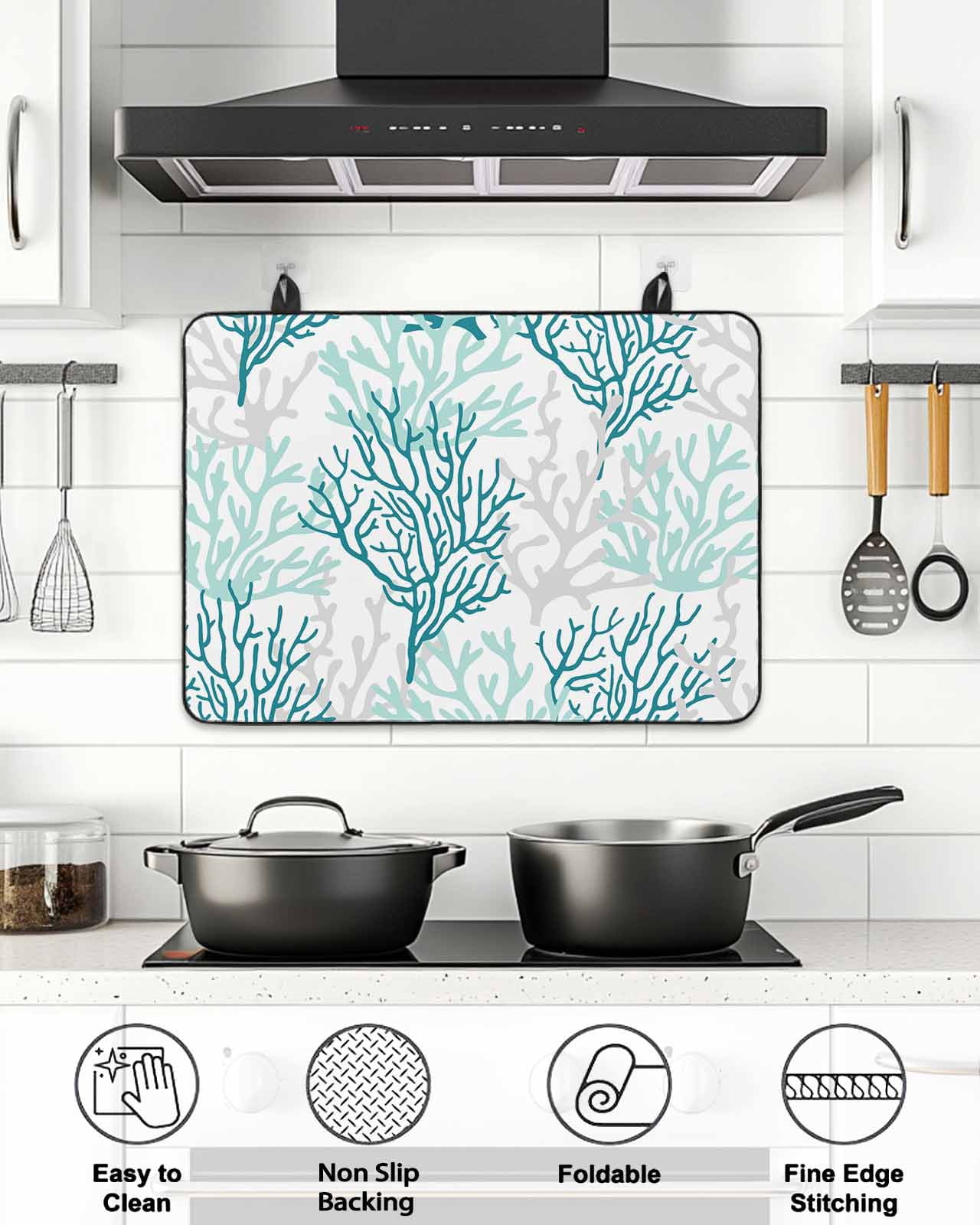 Stove Top Covers for Electric Stove, Teal Grey Coral Coastal Glass Stovetop Cover Protector, Summer Beach Seaside Nautical Induction Cooktop Protector Oven Mat for Kitchen Countertop 28.5"x20.5"