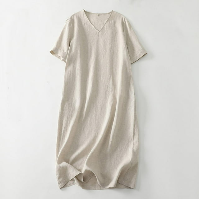 Taylonsss Robe Ample en Lin Col en V Ample Polyvalente Tenue de Bureau Décontractée