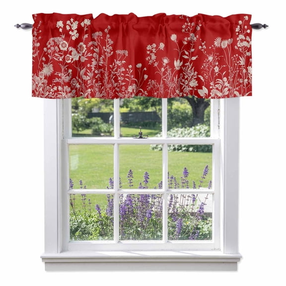 Flower Floral Plant Valances for Windows Red Background Rod Pocket Cafe Window Treatments Valance Curtains for Kitchen Bathroom Laundry Basement Windows 60"x18"