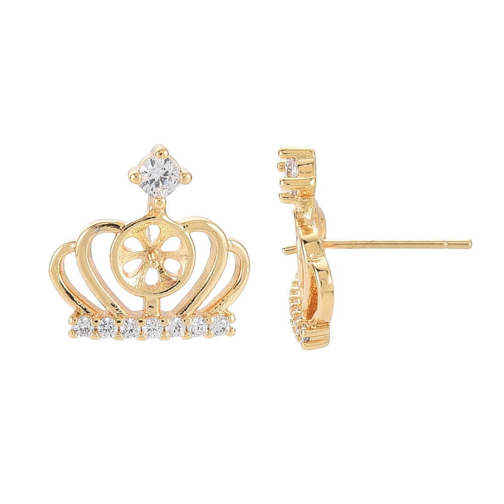 Brass Micro Pave Clear Cubic Zirconia Stud Earring Findings for Half Drilled Beads Nickel Free Crown Real 18K Gold Plated 14x14.5mm Pin: 0.6mm pin: 0.7mm(for half drilled beads)
