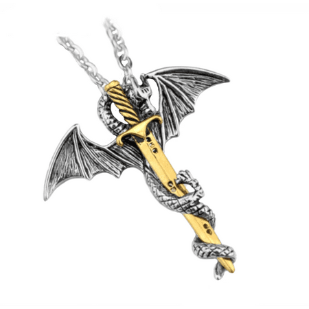 - Silvertone Flying Dragon Goldtone Sword Necklace Pendant Anti-Tarnish Resistant, J-397-D