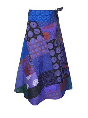 Mogul Women Blue Patchwork Cotton Wrap Skirt Boho Beach Bikini Cover Up Long Sarong Dress One Size