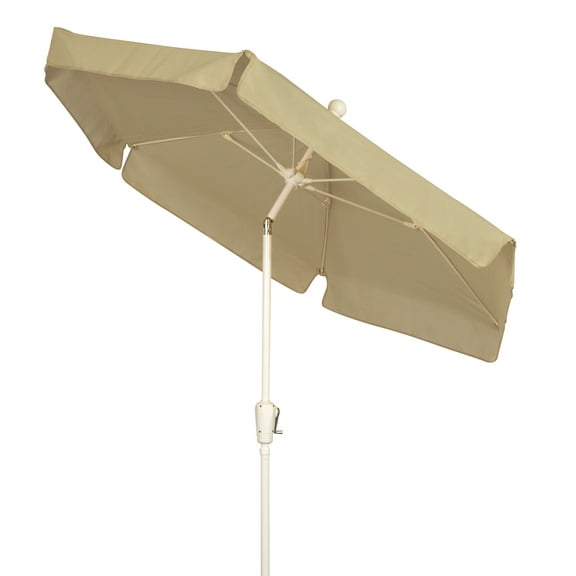 7.5' Hex Home Garden Tilt Umbrella 6 Rib Crank White with Beige Vinyl Coated Weave Canopy