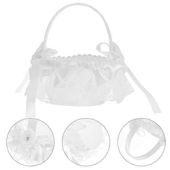 PAMINGONO 1Pack Small Basket for Wedding Petals Polyester Lace with Handle for Flower Girl