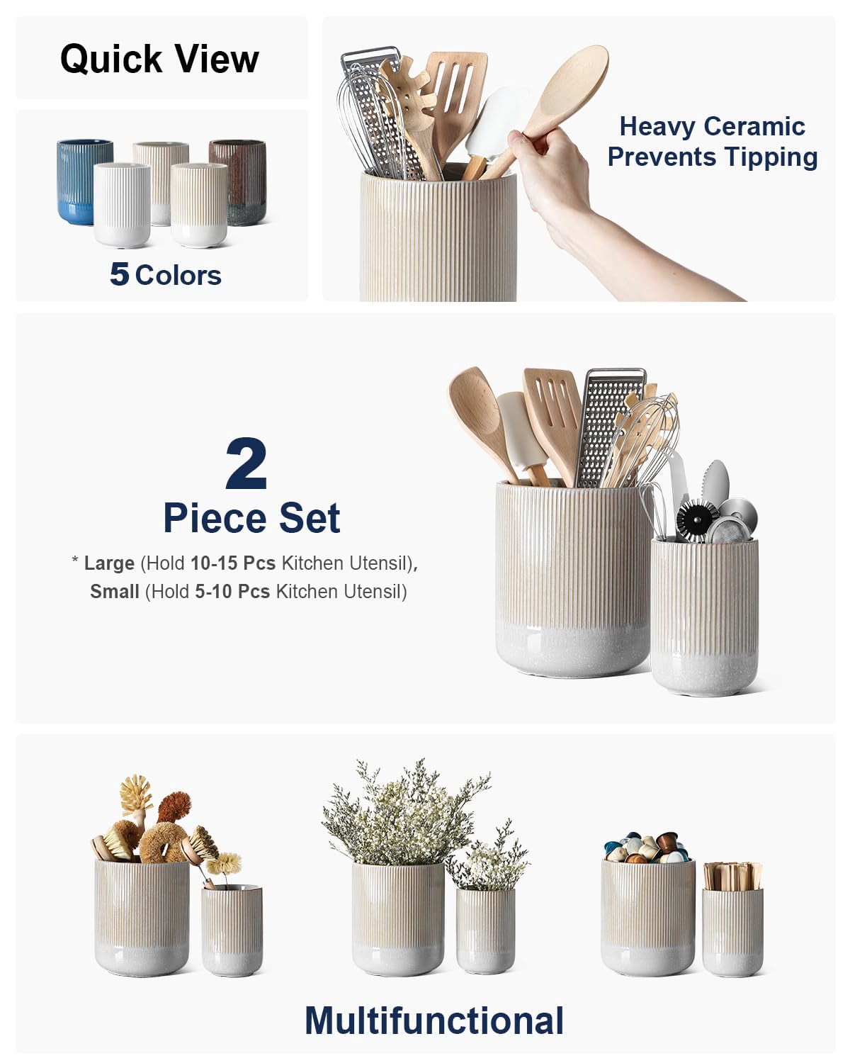 LE TAUCI Set of 2 Utensil Holder, 7.3"+5.4" Ceramic Crocks for Kitchen, Cooking Organizer & Plant Pots