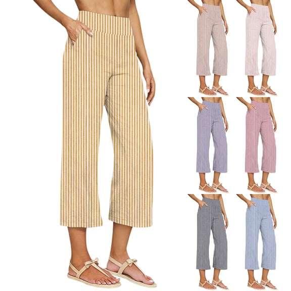 Aboser Cotton Linen Striped Capri Pants for Women Summer Trendy Casual Lounge Pants High Waisted Beach Vacation Capris Comfy Straight Leg Cropped Trousers with Pockets