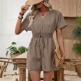 thumbnail image 5 of Morttic Women's Solid Color Casual V-Neck Short Sleeve Jumpsuit – Elastic Drawstring Waist Summer Daily & Vacation Wear Brown，XL, 5 of 7