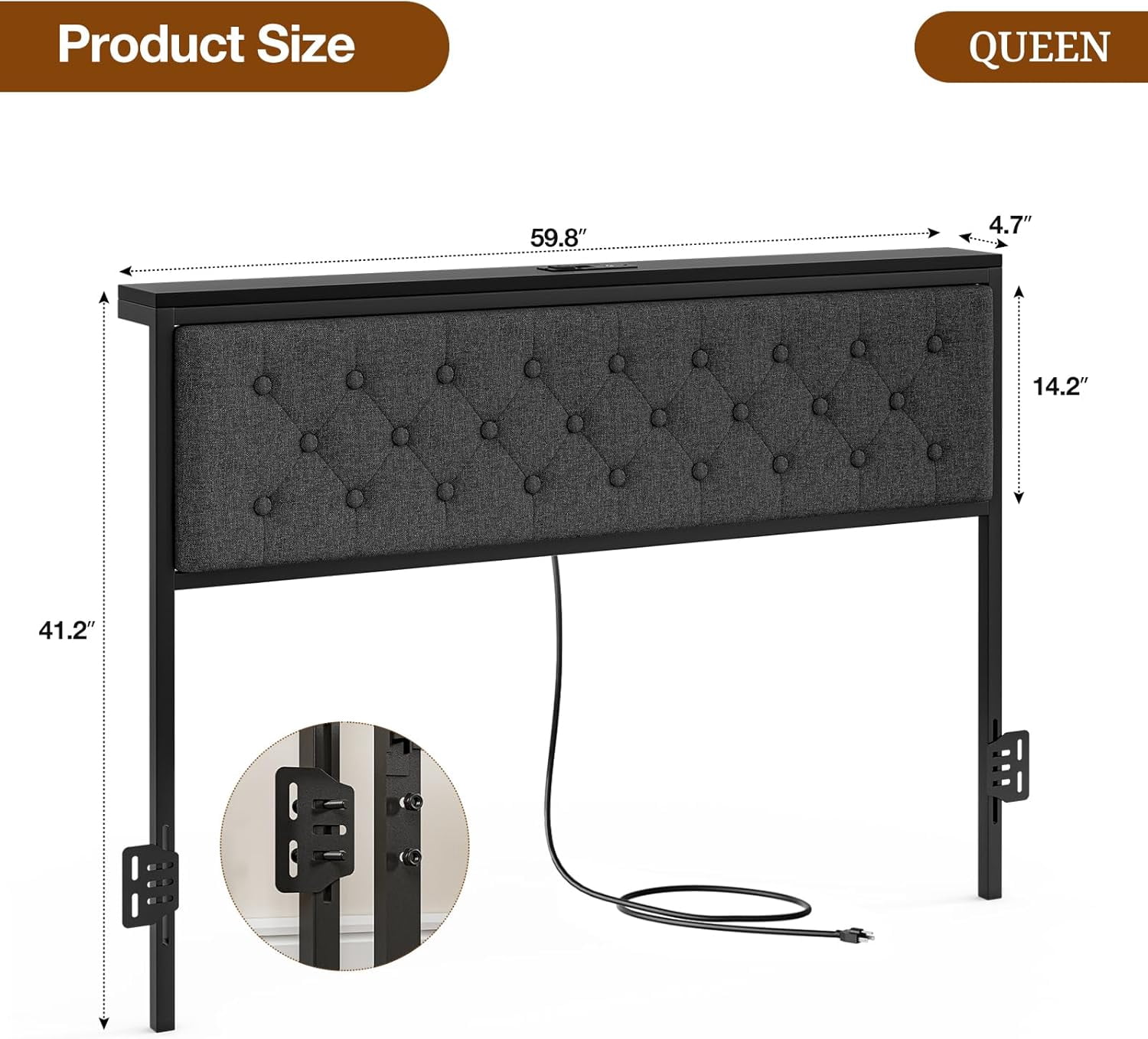 ARICOEASY Queen Size Storage Headboard with Charging Station, Upholstered Button Tufted Headboard, Easy Assembly, Dark Grey