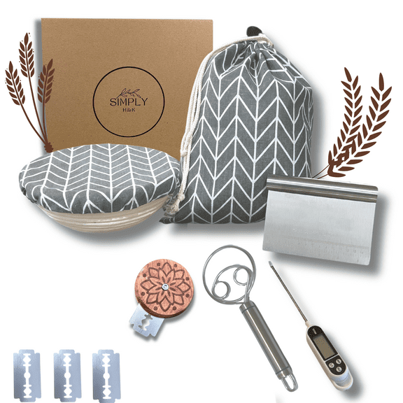 Simply H&K - All-in-One Sourdough Bread Kit with Thermometer & Bread Bag - Sour Dough Kit - Sourdough Bread Proofing Basket - Sourdough Bread Making Kit - Sourdough Bread Baking Supplies