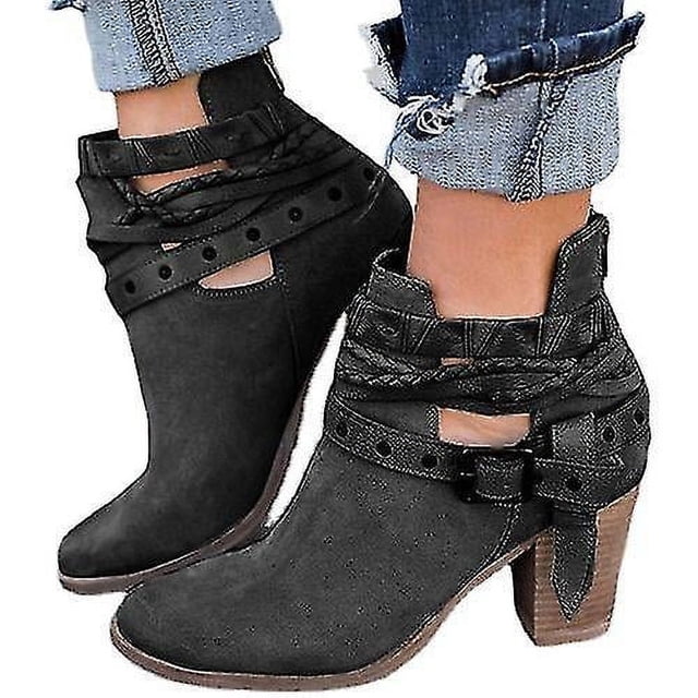 Botas de tacón alto para mujer, zapatos de tobillo con correa de hebilla, botas de tacón grueso informales para invierno y otoño
