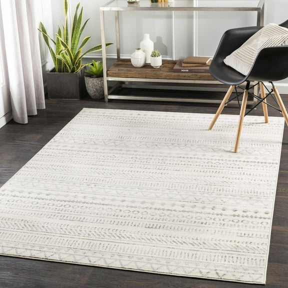 Hauteloom Parmelia Living Room, Bedroom Area Rug - Bohemian, Transitional - Medium Gray, Charcoal, Off White - 6'7" x 9'