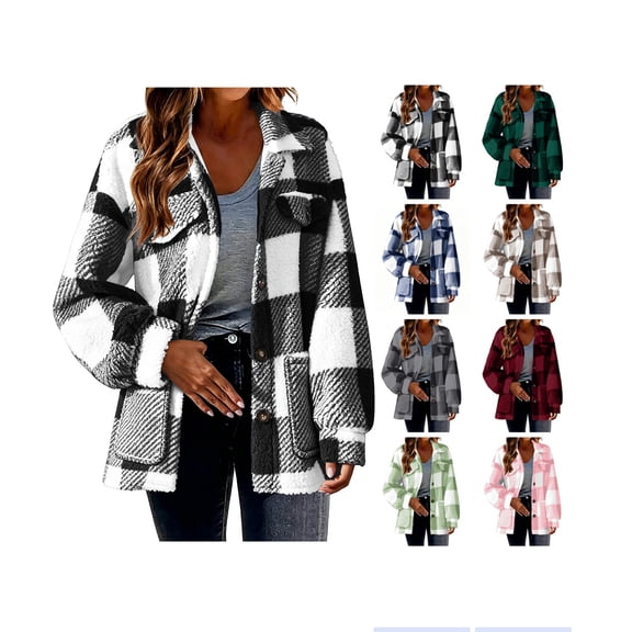 Fleece Jacket Women Plaid Button Down Sherpa Jackets Long Sleeve Plus Size Open Front Warm Fuzzy Coats Fall Winter Casual Outwear
