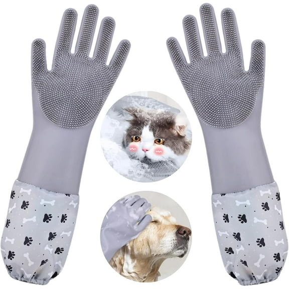 Dog Washing Gloves, Pet Grooming Gloves with Soft Brushes, Bathing and Massaging for Dogs and Cats, Silicone Heat Resistant Cleaning Gloves with High-Density Teeth (Gray)