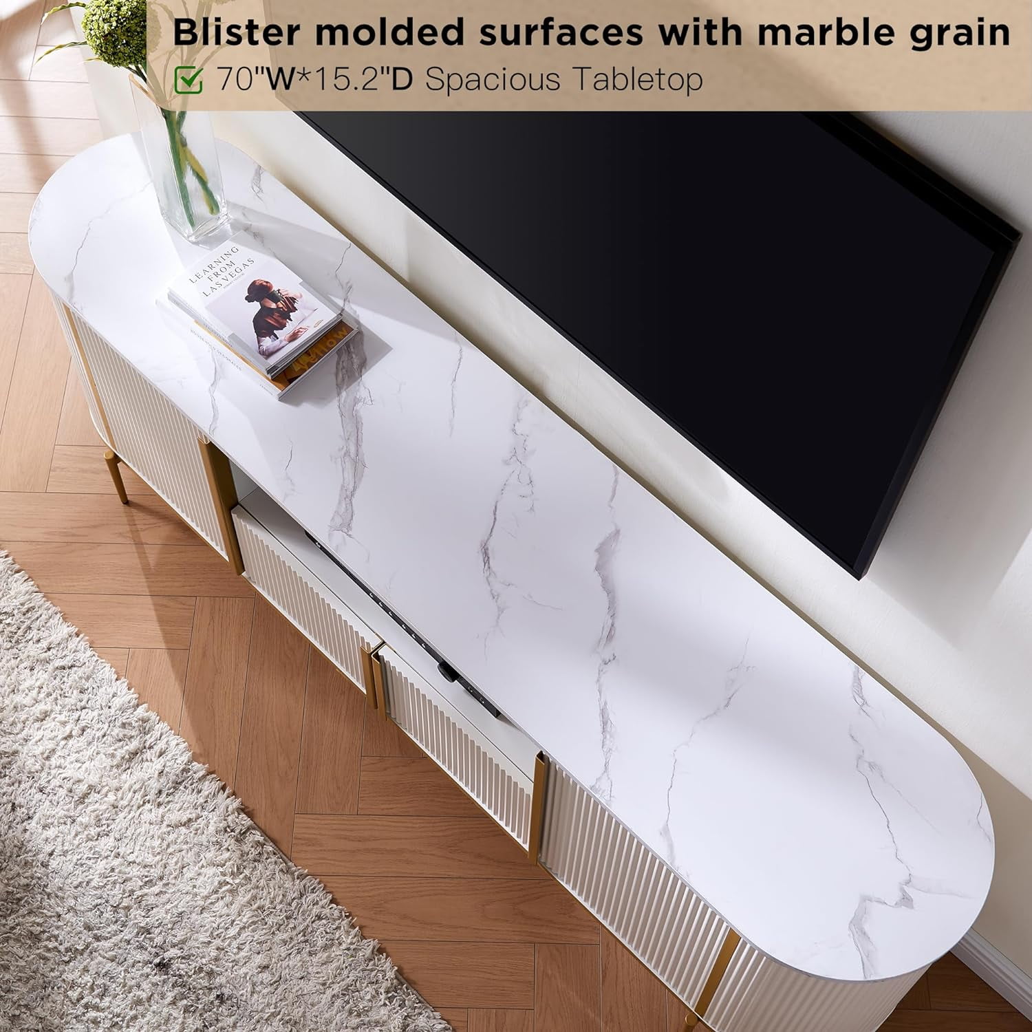 OKD 70" Modern Fluted TV Stand for TVs up to 80", Mid-Century Wooden Entertainment Center for Living Room, Off White