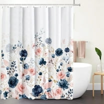 Aesthetic Navy Pink Rose Floral Shower Curtain Sets, Watercolor Gold Flowers Leaves Bathroom Decorative 71x71 Inch Polyester Waterproof Fabric Bath Curtain with Hooks