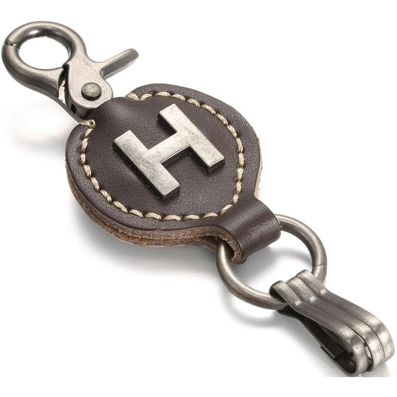 Porte-clés en Cuir pour Hommes, Alphabet à une Lettre avec Fermoir Facile - H - Brun Riche - Taille Unique
