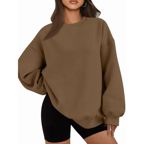 Women Oversized Sweatshirts Hoodie Fleece Crew Neck Long Sleeve Sweaters Comfy Fall Fashion Outfits Brown L