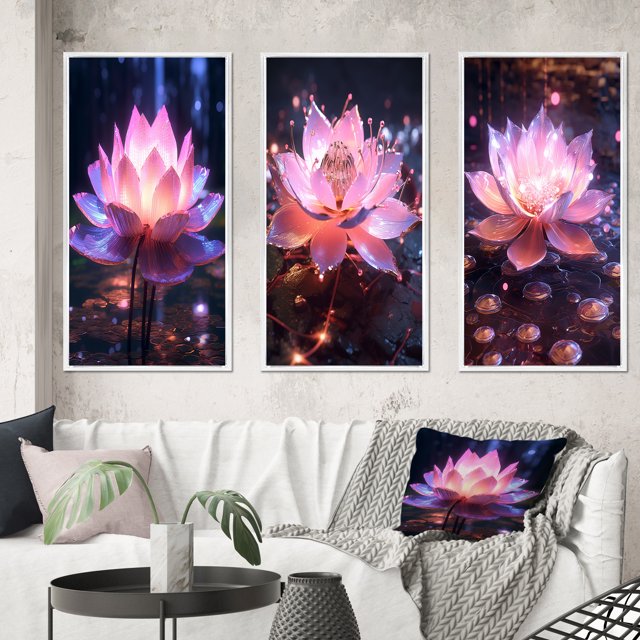 Designart "Pink Lotus with Light Filtering Through II" Lotus Framed Wall Art Set Of 3 - Pink Modern Frame Gallery Wall Set For Home Decor