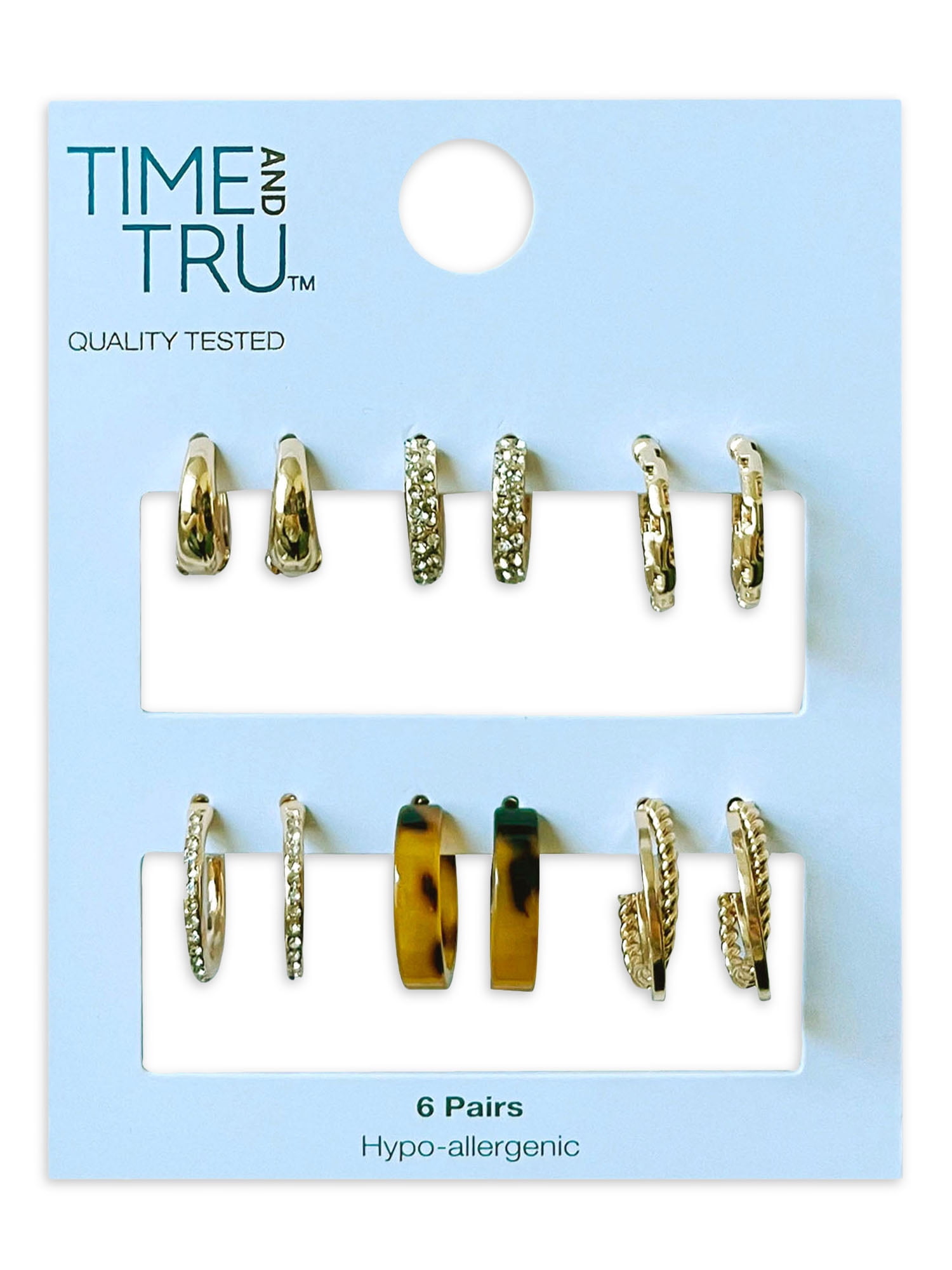 Time and Tru Pave and Torte Stones Gold Plated Earrings with Bullet Backs, 6 Pack