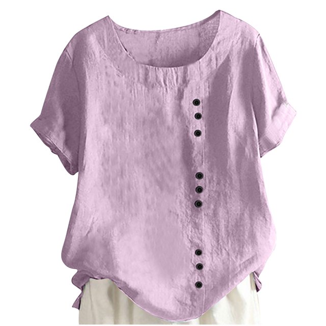 Timegard Hauts Grande Taille pour Femmes Col Rond Manches Courtes Bouton Blouse Légère Décontractée Ample