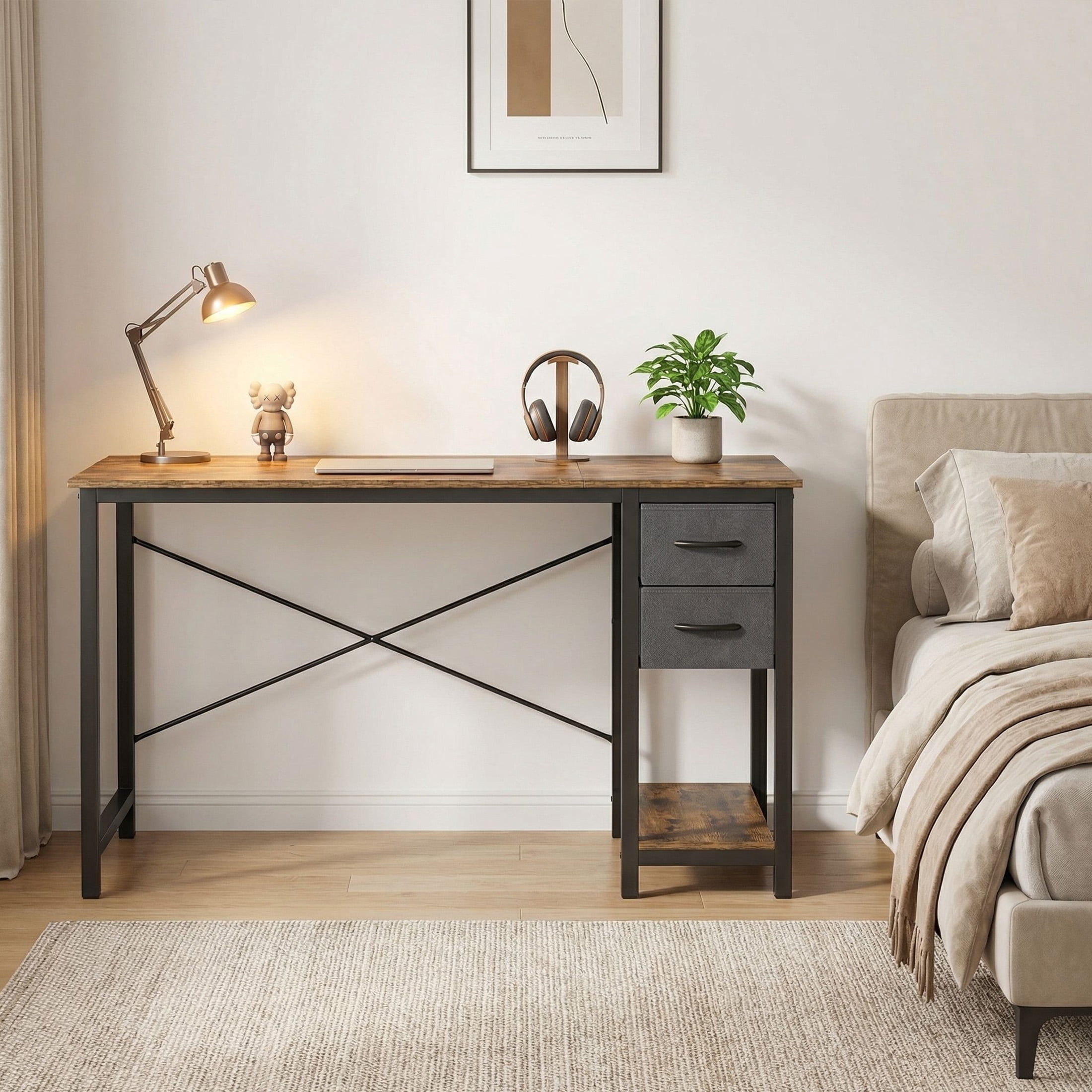 CONCETTA 47in Small Computer Desk with 2 Drawers, Writing Work Study Computer Desk, Side Headphone Hook, Modern Style for Home Bedroom, Rust Brown