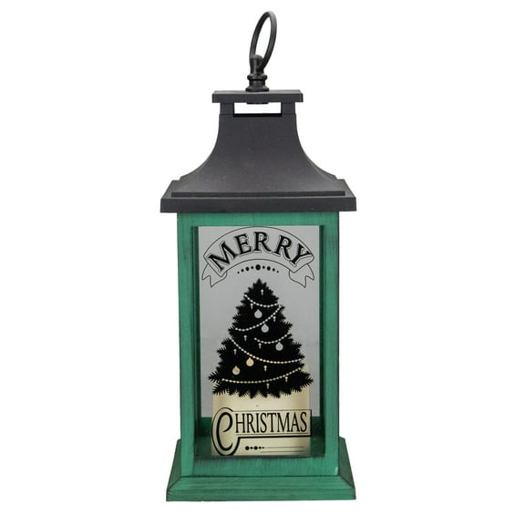 Northlight LED Candle With Christmas Tree Lantern - 12" - Green and Black