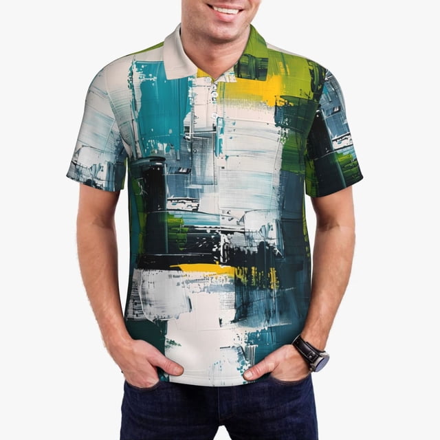 Balery Abstract Brushstrokes Green Blue Camisa Polo de Hombre con Estampado, de Manga Corta y Tejido Medio, Camisa Tipo Golf Polo-Medium